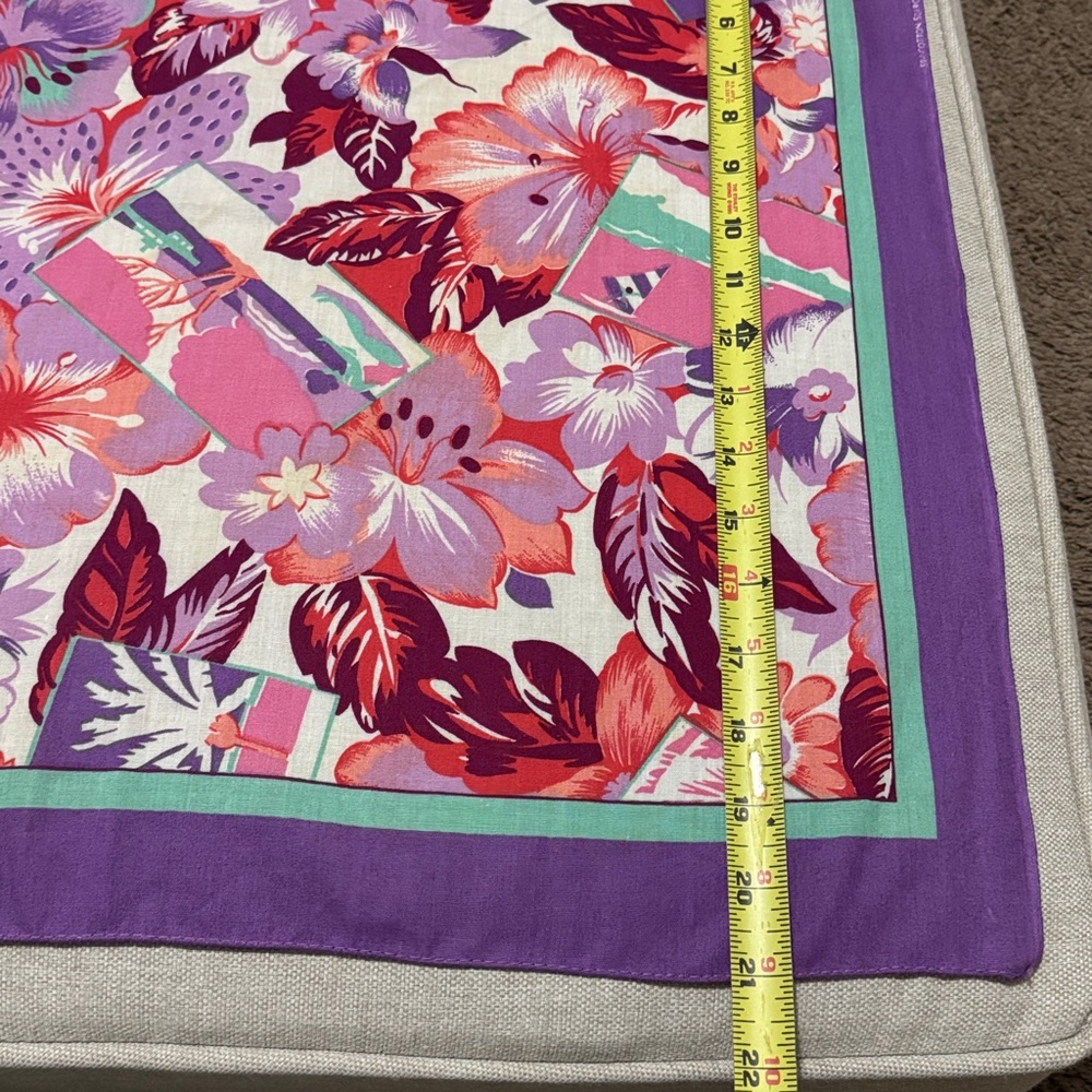 Vintage Cotton Blend Tropical Print Scarf-21x22-Purple/Pink/Turquoise - Picture 8 of 11